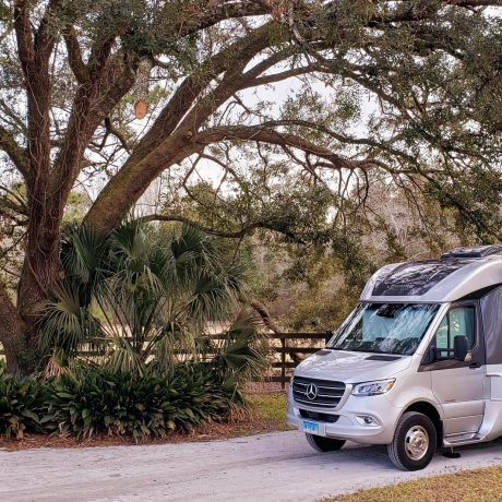 view of an rv under a beautiful tree